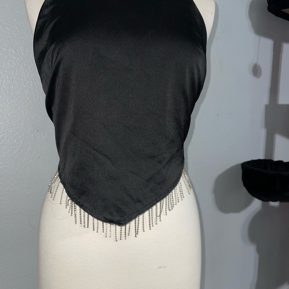 Elegant Black Halter Top with Silver Fringe
